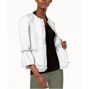 INC International Concepts white zip-front linen jacket ruffles fluted sleeve L